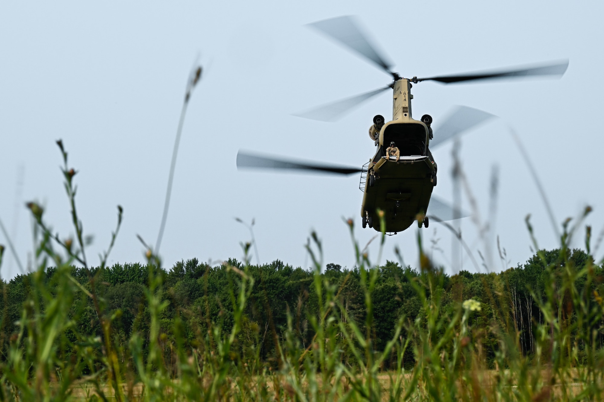 An Ohio National Guard CH-47 Chinook helicopter takes off from Camp James A. Garfield Joint Military Training Center, Ohio, on July 25, 2023.