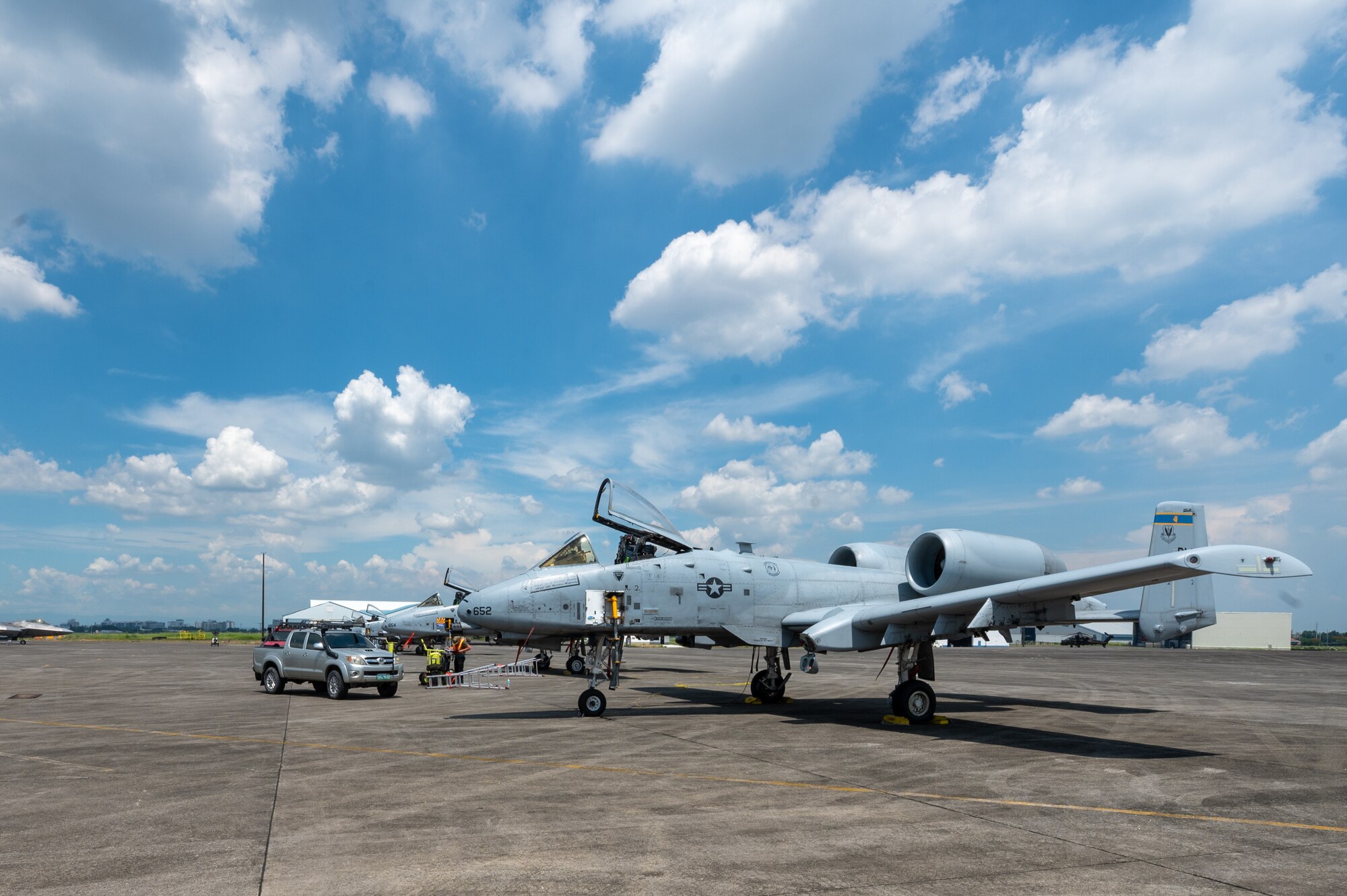 An A-10C Thunderbolt II sits on the flightline in support of  Cope Thunder 23-2 operations at Clark Air Base, Philippines, July 7, 2023. Cope Thunder 23-2 was an exercise with the goal to improve regional security and protect a free and open Indo-Pacific.