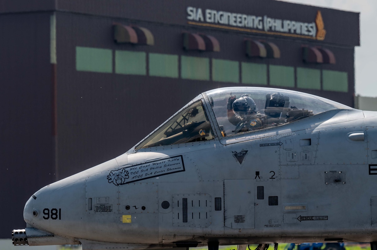 A U.S. Air Force A-10C Thunderbolt II pilot participates in exercise Cope Thunder 23-2 on the South ramp of Clark Air Base, Philippines, July 10, 2023. Cope Thunder 23-2 provided valuable training to aircrews allowing joint foreign forces to work together and improve interoperability. (U.S. Air Force photo by Airman 1st Class Jhade Herrera)