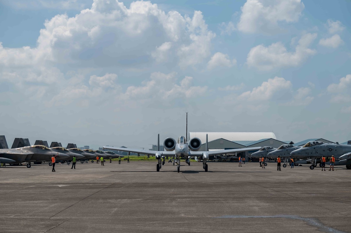 A U.S. Air Force A-10C Thunderbolt II taxis on the South ramp of Clark Air Base, Philippines, in support of Cope Thunder operations, July 12, 2023. Cope Thunder 23-2 provided valuable training to aircrews allowing joint foreign forces to work together and improve interoperability. (U.S. Air Force photo by Airman 1st Class Jhade Herrera)