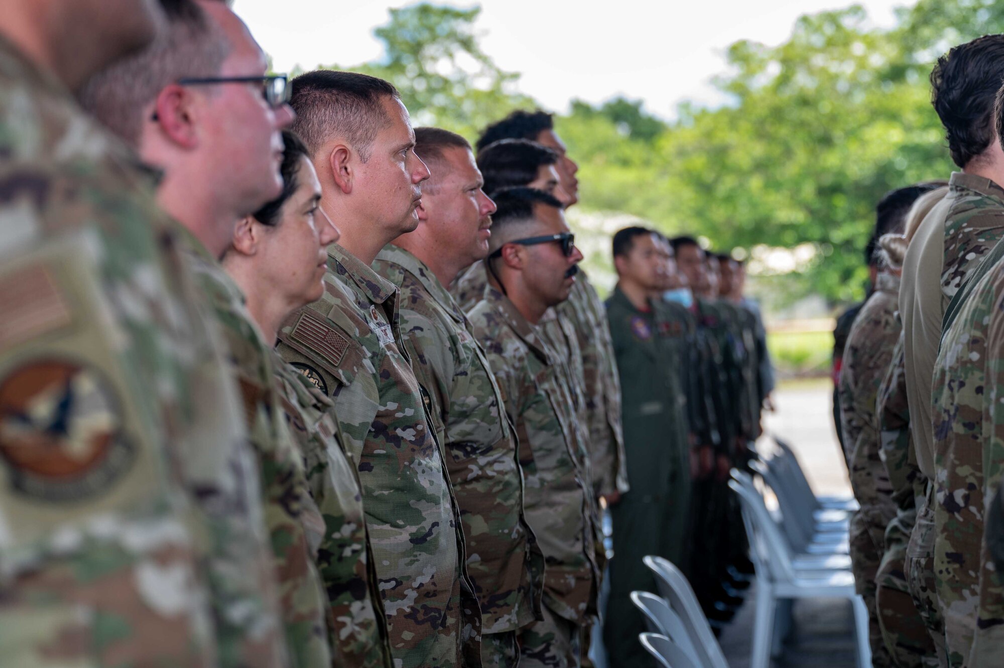 U.S. and Philippine Air Force personnel participate in the closing ceremony of exercise Cope Thunder 23-2 on the South ramp of Clark Air Base, Philippines, July 21, 2023. The objectives of the exercise are to plan for combined fighter operations; practice interoperability with tactical units; and bolster the combat capability of participating nations. (U.S. Air Force photo by Airman 1st Class Jhade Herrera)