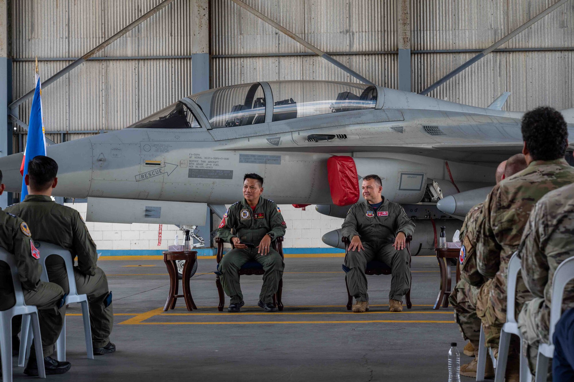 U.S. and Philippine Air Force personnel participate in the closing ceremony of exercise Cope Thunder 23-2 on the South ramp of Clark Air Base, Philippines, July 21, 2023. The objectives of the exercise are to plan for combined fighter operations; practice interoperability with tactical units; and bolster the combat capability of participating nations. (U.S. Air Force photo by Airman 1st Class Jhade Herrera)