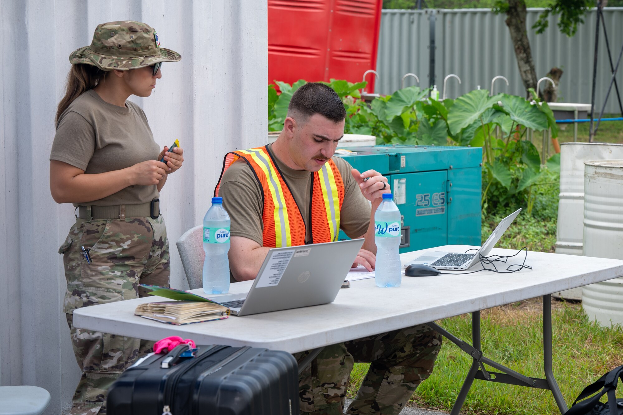 U.S. Air Force Airmen, assigned to Davis-Monthan Air Force Base, Arizona check the weight of bags before a flight in support of Cope Thunder 23-2 at Clark Air Base, Philippines, July 10, 2023. Cope Thunder 23-2 provided valuable training to aircrews allowing joint foreign forces to work together and improve interoperability.