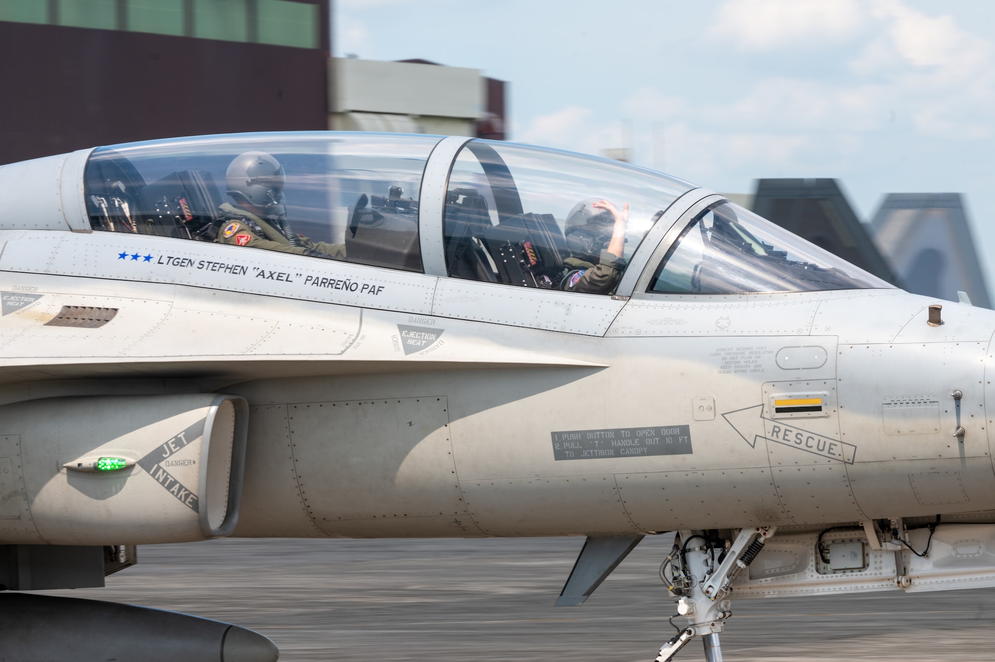 A Philippine Air Force FA-50 Fighting Falcon taxis in support of  Cope Thunder 23-2 operations at Clark Air Base, Philippines, July 10, 2023. Cope Thunder 23-2 demonstrated the U.S.’ resolve in promoting regional security and cooperation. (U.S. Air Force photo by Senior Airman Vaughn Weber)