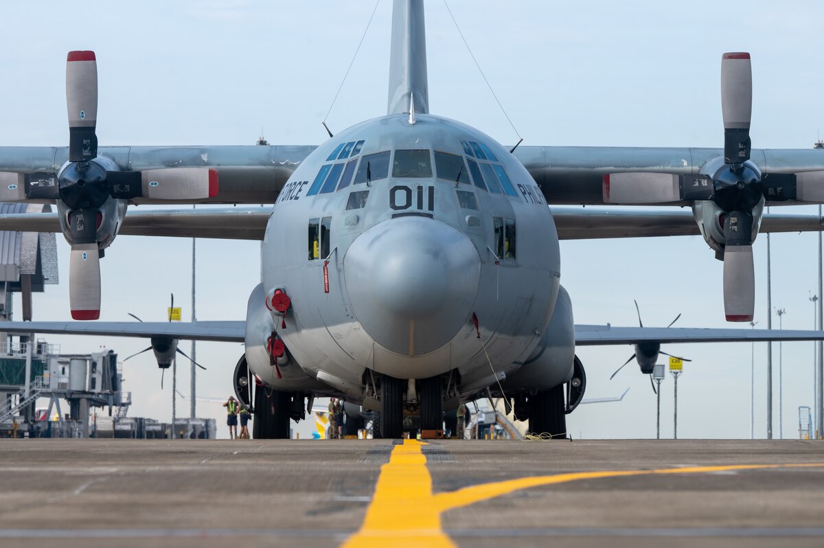 A C-130 Hercules sits on the flightline in support of Cope Thunder 23-2 operations at Mactan, Philippines, July 11, 2023. The objectives of the exercise were to plan for combined fighter operations, practice interoperability with tactical units and bolster the combat capability of participating nations.