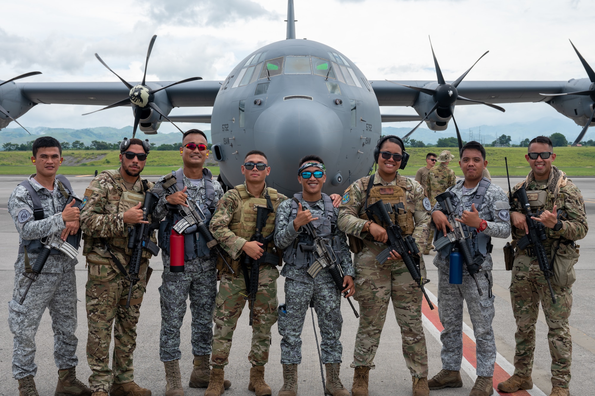 U.S. Air Force Airmen, assigned to Davis-Monthan Air Force Base, Arizona, along with Philippine Air Force members pose for a group photo during Cope Thunder 23-2 at General Santos International Airport, Philippines, July 11, 2023. Cope Thunder 23-2 provided a unique opportunity for the service members to train together, increasing the U.S.’ and the Philippines’ ability to work together. (U.S. Air Force photo by Senior Airman Vaughn Weber)