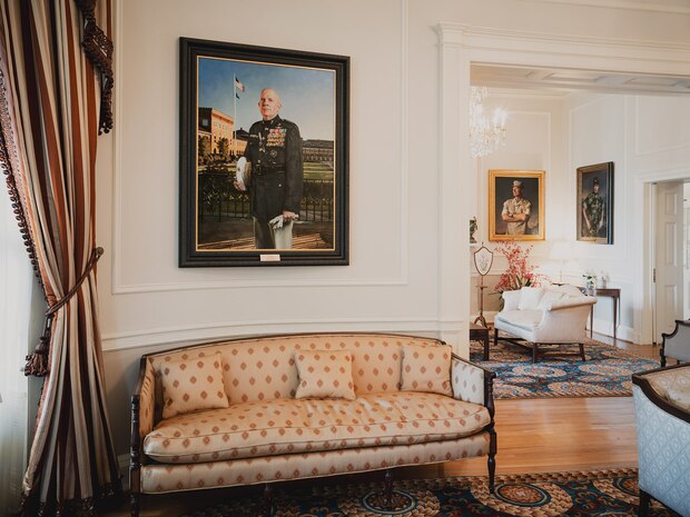 A portrait of the 38th Commandant of the Marine Corps, Gen. David Berger, hangs in the home of the commandant in Washington, July 17, 2023. U.S. Marine Corps Maj. Charles Baumann, a logistics officer with 8th Marine Corps District, is the 2nd active-duty combat artist selected to paint a portrait of a commandant of the Marine Corps.