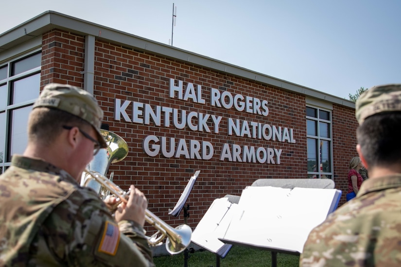 The Brass Quartet and a vocalist from the 202nd Army Band, Kentucky Army National Guard, sings and plays music during a ceremony at the Kentucky National Guard armory in Monticello, Kentucky, July 24, 2023.