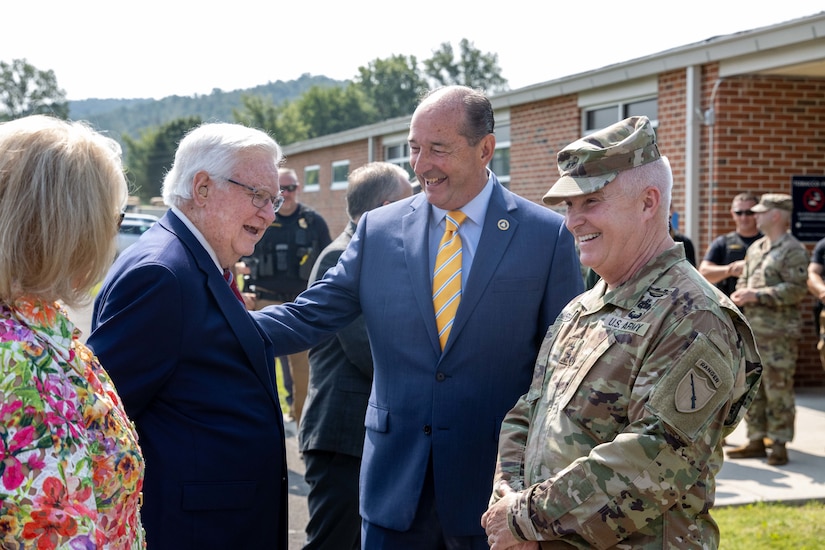 U.S. Congressman Hal Rogers and Rocky Adkins, the senior advisor to Kentucky Governor Andy Beshear, meet with Kentucky Adjutant General Maj. Gen. Hal Lamberton during a ceremony at the Kentucky National Guard armory in Monticello, Kentucky, July 24, 2023.