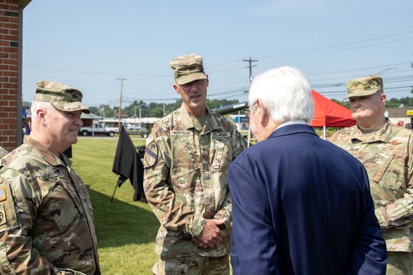 U.S. Congressman Hal Rogers meets with Kentucky National Guard general officers during a ceremony at the Kentucky National Guard armory in Monticello, Kentucky, July 24, 2023.