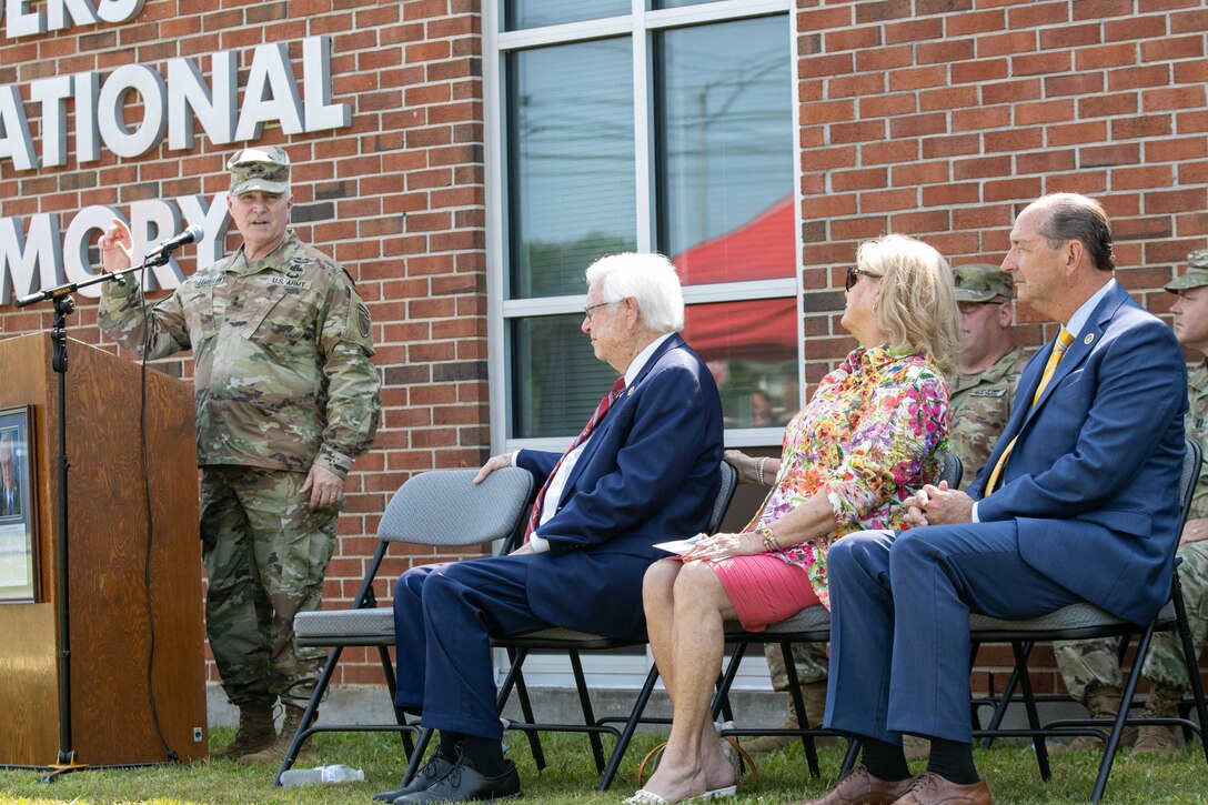 Kentucky Adjutant General Maj. Gen. Hal Lamberton recognizes U.S. Congressman Hal Rogers during a ceremony in Monticello, Kentucky, July 24, 2023.