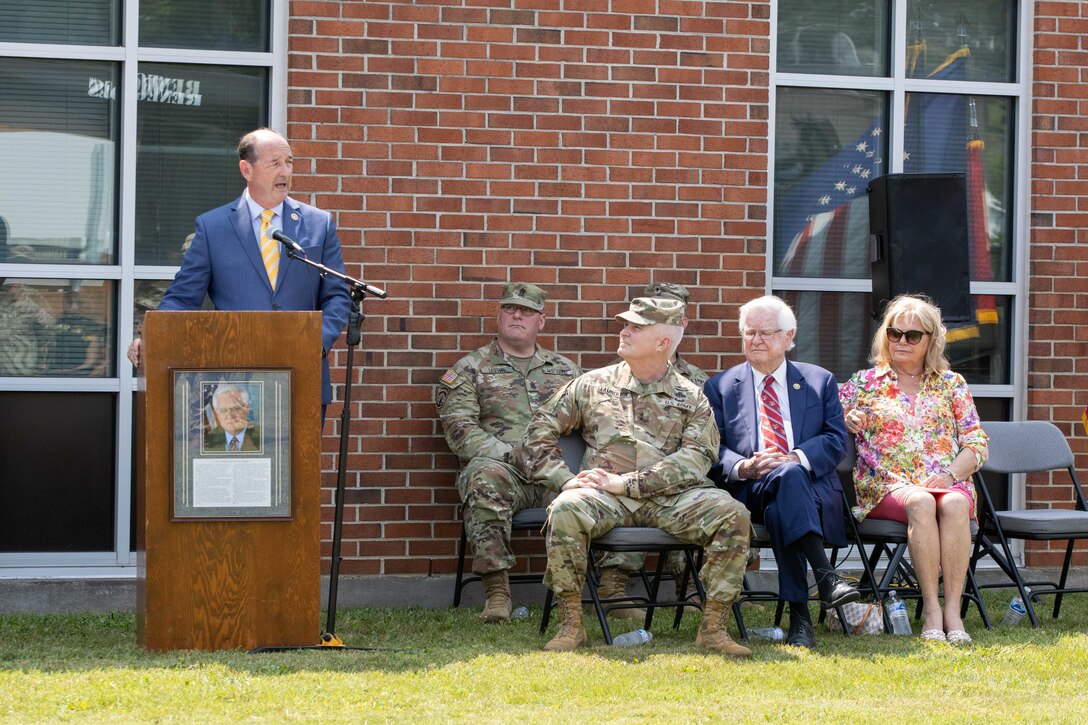 Senior Advisor to Kentucky Governor Andy Beshear, Rocky Adkins, recognizes U.S. Congressman Hal Rogers during a ceremony in Monticello, Kentucky, July 24, 2023.