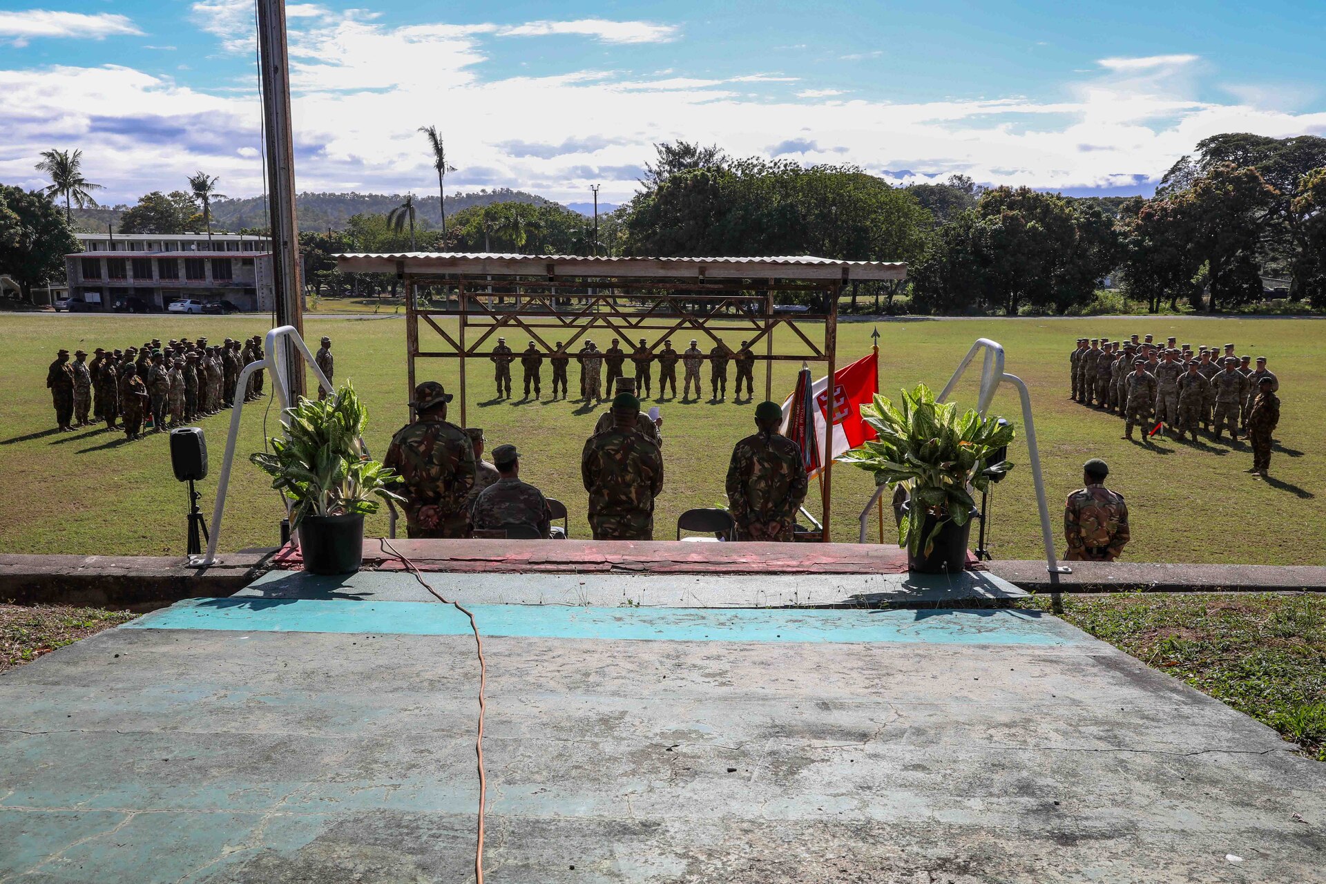 U.S. Army and Papua New Guinea Defence Force Soldiers stand in formation during the opening ceremony for Exercise Tamiok Strike 2023, Taurama Barracks, Port Moresby, Papua New Guinea July 31, 2023. Tamiok Strike 2023 is a two-week bilateral training exercise aimed at improving the combined interoperability of the Papua New Guinea Defense Forces and U.S. Forces, to increase partner capacity for conventional, complex and future contingencies throughout the Indo-Pacific region. This is the third iteration of Tamiok Strike.