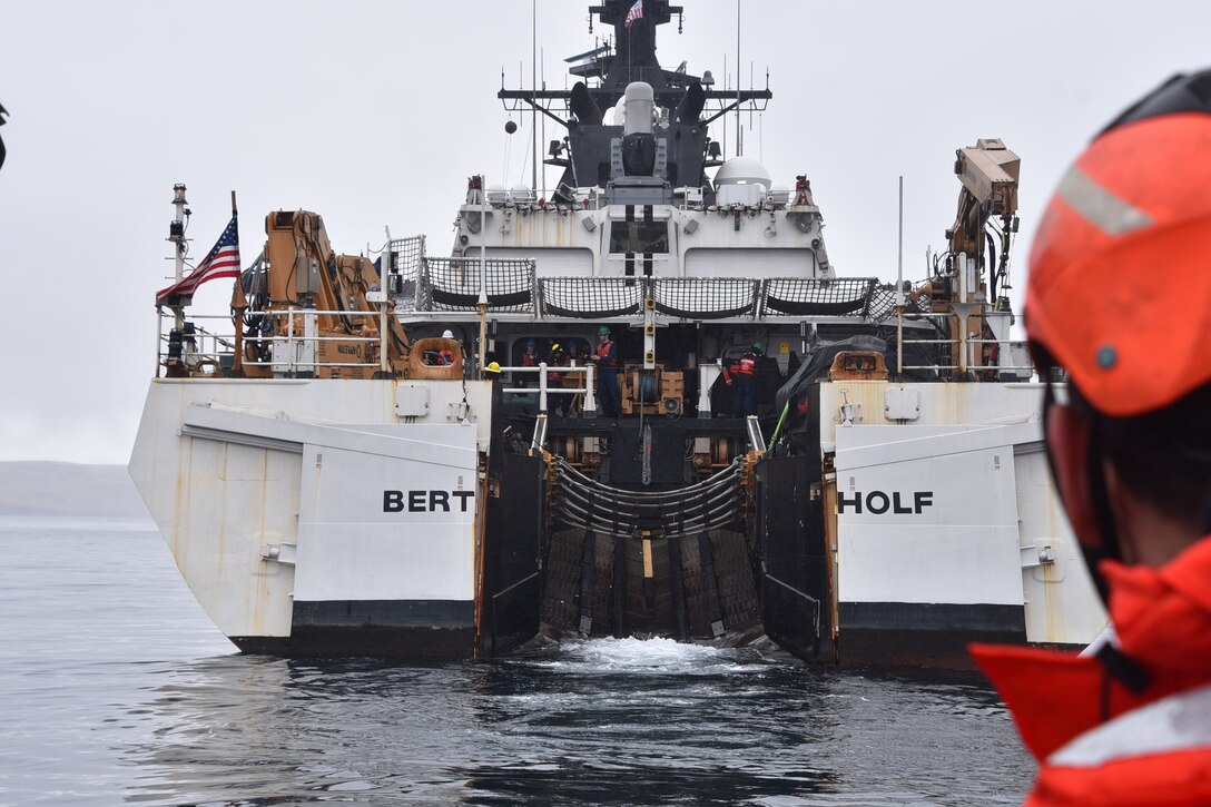 U.S. Coast Guard Cutter Bertholf (WMSL 750) crew members navigate the Bertholf’s Long Range Interceptor (LRI) Small Boat as it is launched while Bertholf is at an anchorage near Adak Island, Alaska, in the Bering Sea, May 20, 2023. Bertholf crew guarded the boundary line between the U.S. and Russian Exclusive Economic Zone (EEZ), ensuring that the fish in U.S. waters were protected from illegal, unreported and unregulated fishing from foreign nations. (U.S. Coast Guard photo by Chief Petty Officer Oliver Fernander)
