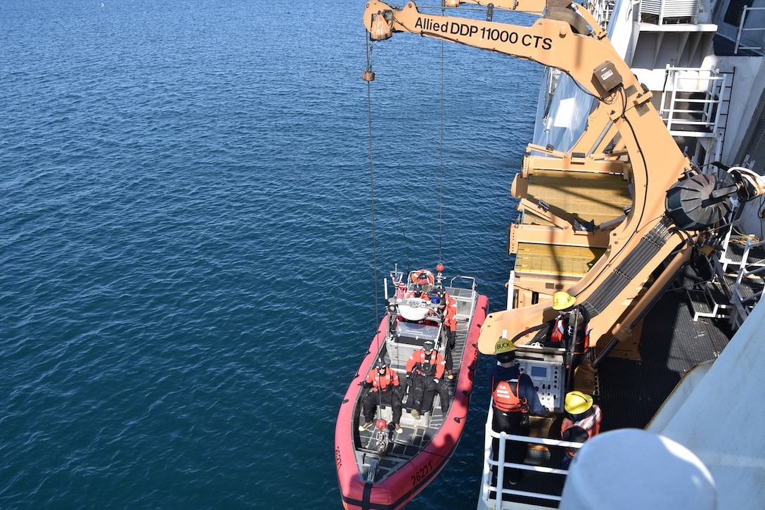 A U.S. Coast Guard Cutter Bertholf (WMSL 750) crew deploys an Over the Horizon (OTH) Mk. IV small boat to conduct a commercial fishing vessel boarding in the Bering Sea, April 20, 2023. Bertholf’s crew members conducted 15 boardings of commercial fishing vessels, ensuring compliance with federal fisheries laws, and preserving the highly valuable U.S. living marine resources and ensuring the U.S. fishing fleet have sufficient safety equipment to survive in the event of an at-sea emergency(U.S. Coast Guard photo by Ensign Roisin Beirne)