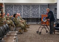 Chief Master Sergeant of the Air Force #5 (ret.) Robert Gaylor speaks at Wilford Hall Ambulatory Surgical Center, Joint Base San Antonio-Lackland, Texas, Aug. 2, 2023. As CMSAF, Gaylor traveled extensively, listening to Airmen and discussing changes such as maternity uniforms for female Airmen, and addressing an ongoing institutional drug and alcohol problem. (U.S. Air Force photo by Senior Airman Melody Bordeaux)