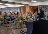 Chief Master Sergeant of the Air Force #5 (ret.) Robert Gaylor speaks at Wilford Hall Ambulatory Surgical Center, Joint Base San Antonio-Lackland, Texas, Aug. 2, 2023. In 1957, Gaylor had the opportunity to be a Military Training Instructor and after working as an MTI for male flights, was selected as the senior training noncommissioned officer for the 4734th Women in the Air Force basic training squadron. (U.S. Air Force photo by Senior Airman Melody Bordeaux)