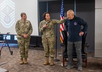 Brig. Gen. Jeannine Ryder, 59th Medical Wing commander, expresses her gratitude to Chief Master Sergeant of the Air Force #5 (ret.) Robert Gaylor at Wilford Hall Ambulatory Surgical Center, Joint Base San Antonio-Lackland, Texas, Aug. 2, 2023. Gaylor shared how his experience has shown him that a person’s aptitude and attitude are what lead to opportunity. (U.S. Air Force photo by Senior Airman Melody Bordeaux)