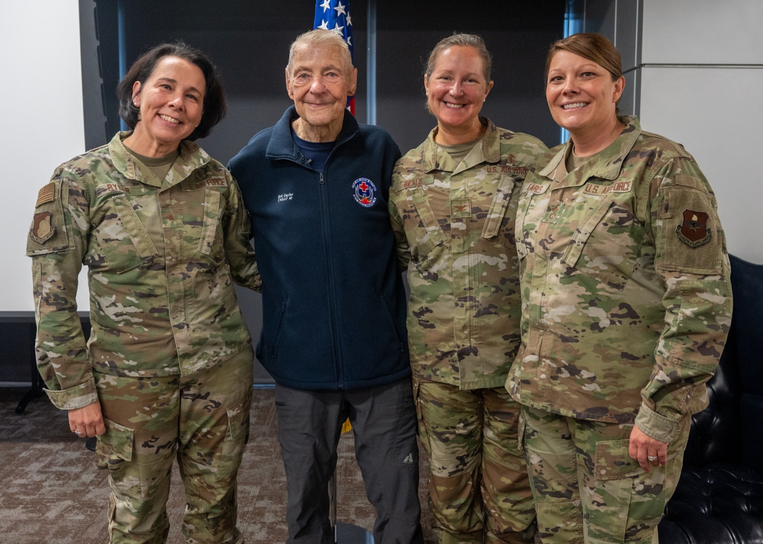Chief Master Sergeant of the Air Force #5 (ret.) Robert Gaylor poses with Brig. Gen. Jeannine Ryder, 59th Medical Wing commander (left), Col. Kristen Beals, 59th MDW deputy commander (middle right), and Chief Master Sgt. Kristy Earls, 59th MDW command chief (right), at Wilford Hall Ambulatory Surgical Center, Joint Base San Antonio-Lackland, Texas, Aug. 2, 2023. As CMSAF, Gaylor traveled extensively, listening to Airmen and discussing changes such as maternity uniforms for female Airmen, and addressing an ongoing institutional drug and alcohol problem. (U.S. Air Force photo by Senior Airman Melody Bordeaux)