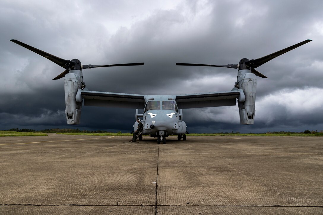 A U.S. Marine Corps MV-22B Osprey Marine Medium Tiltrotor Squadron (VMM) 163 (Reinforced), Marine Aircraft Group 16, 3rd Marine Aircraft Wing, prepares to refuel while conducting relief efforts in the wake of Typhoon Egay, international name Typhoon Doksuri, in Cagayan North International Airport, Lal-lo, Cagayan province, Philippines, Aug. 1, 2023. At the request of the Armed Forces of the Philippines, U.S. Marines are providing relief and lifesaving capabilities to remote regions of the Philippines. The forward presence and ready posture of I Marine Expeditionary Force assets in the region facilitated rapid and effective response to crisis, demonstrating U.S. commitment to Allies and partners. During the first two days of relief efforts, VMM-163 (Rein.) delivered approximately 25,600 pounds of food and water, provided by the Government of the Philippines, to remote, affected communities. (U.S. Marine Corps photo by Sgt. Sean Potter)
