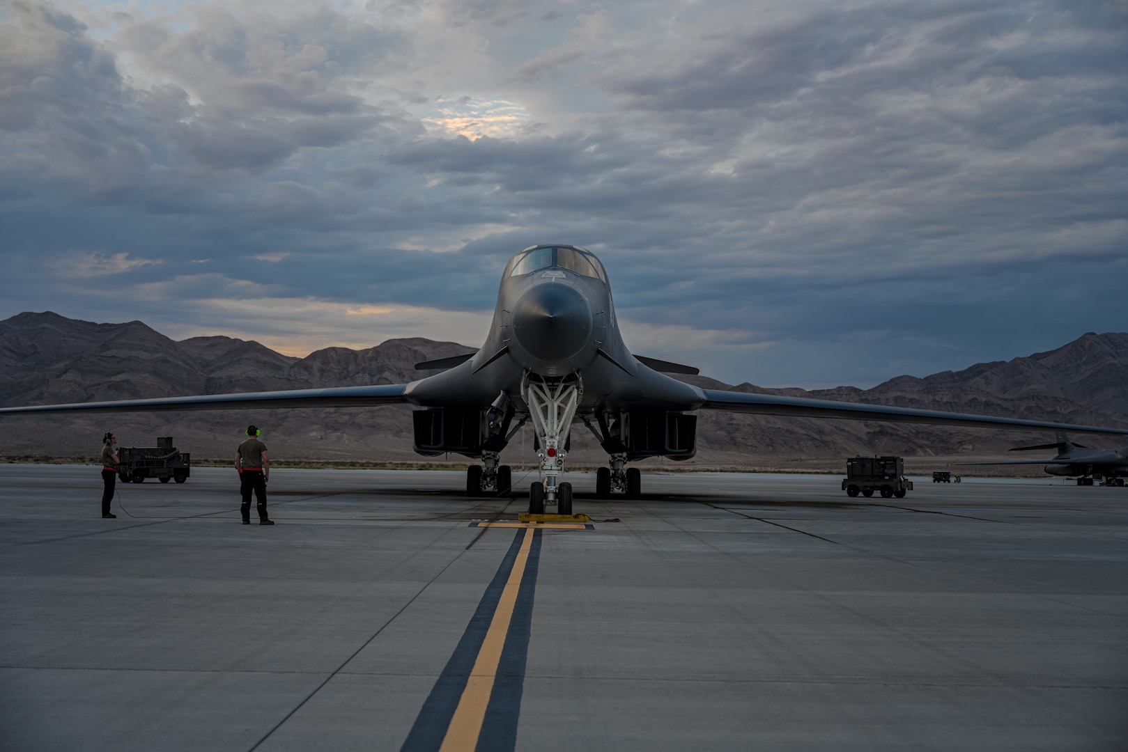 B-1B Lancer aircraft assigned the 34th Bomb Squadron, Ellsworth Air Force Base, South Dakota, are readied to participate in Red Flag-Nellis 23-3 at Nellis AFB, Nev. Aug. 1, 2023.