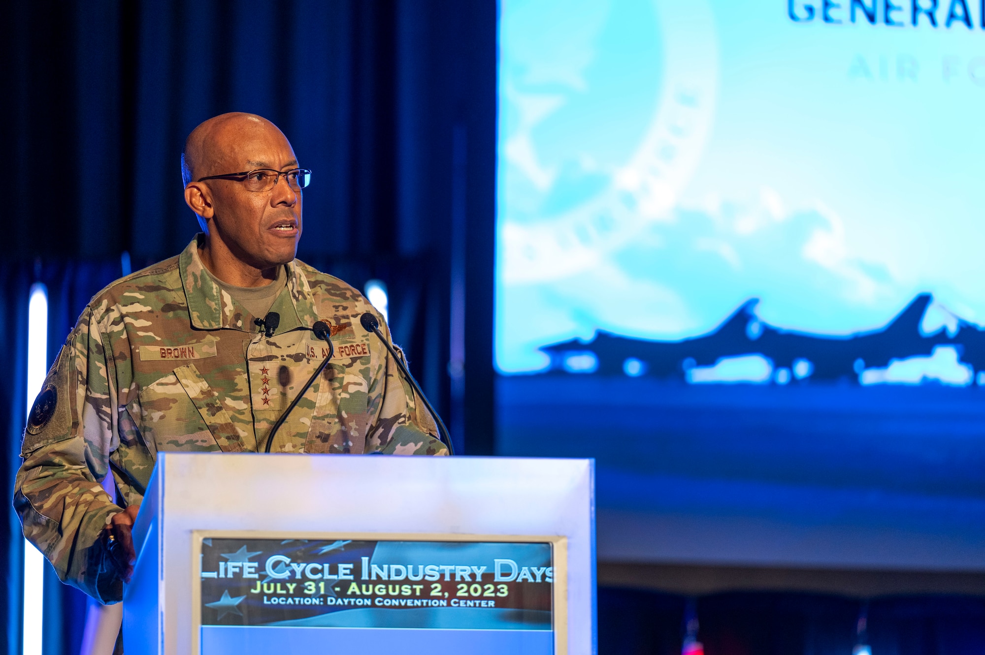 Air Force Chief of Staff Gen. CQ Brown, Jr., addresses Life Cycle Industry Days conference.