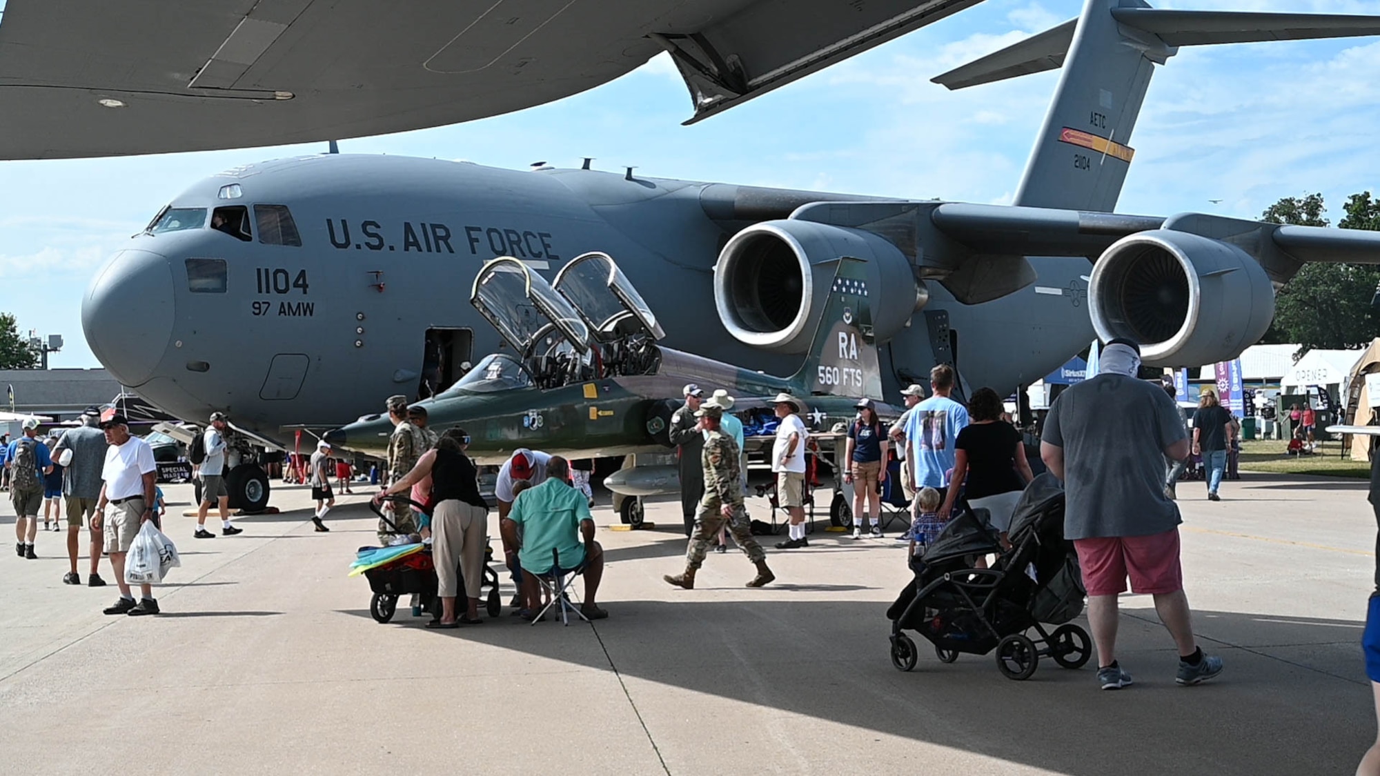 A C-17 Globemaster III from Altus Air Force Base, Oklahoma is displayed during the 2023 Experimental Aircraft Association AirVenture Air Show in Oshkosh, Wisconsin, July 28, 2023. More than 10,000 aircraft and 650,000 visitors attended the event. (U.S. Air Force photo by Airman 1st Class Miyah Gray)