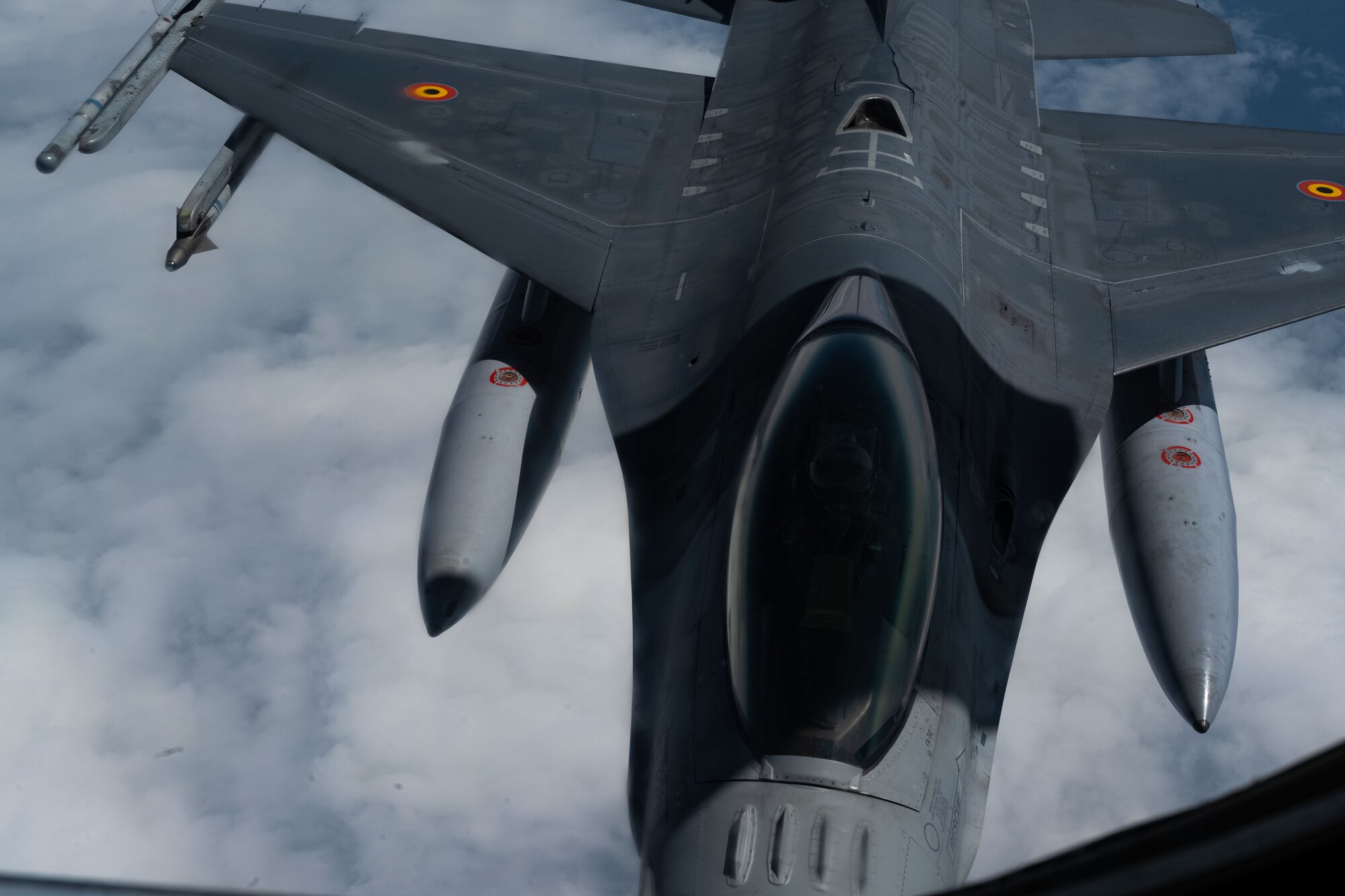 A Belgian Air Force F-16 flies above the North Sea