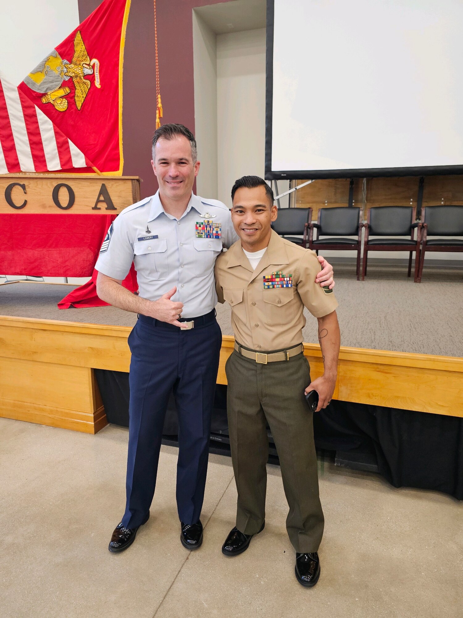 U.S. Space Force Master Sgt. Phillip Lowery, left, stands with a Marine peer after graduating with honors from the U.S. Marine Corps Staff Noncommissioned Officers Academy at Camp Johnson, North Carolina. (Courtesy Photo)