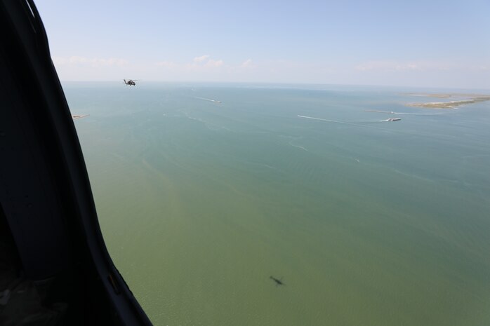 The flight took 20 district team members from the Jadwin Building, down the Texas coast to the Brazos River Floodgates, north to Addicks and Barker reservoirs, to the Conroe Army Reserve Center, the Wallisville Lake Project Office, and down the Houston Shipping Channel back to HQ.