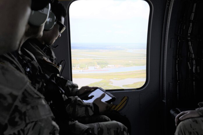 The flight took 20 district team members from the Jadwin Building, down the Texas coast to the Brazos River Floodgates, north to Addicks and Barker reservoirs, to the Conroe Army Reserve Center, the Wallisville Lake Project Office, and down the Houston Shipping Channel back to HQ.