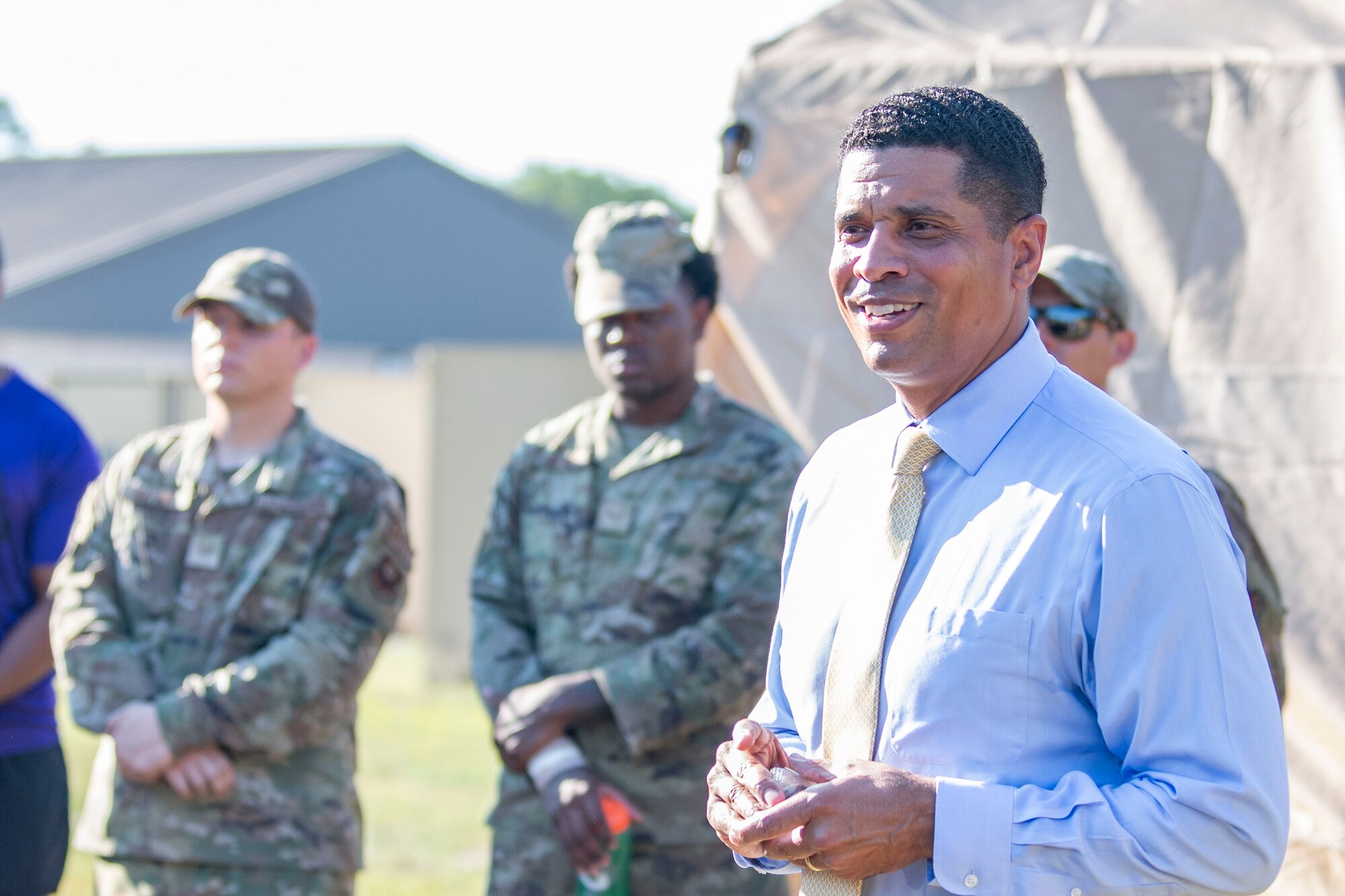 Mr. Marcus Chambers, Superintendent of Okaloosa County Schools, delivers a speech to the Fort Walton Beach High School Vikings football team during Air Commando Youth Athletic Camp at Hurlburt Field, Florida, Aug. 2, 2023.