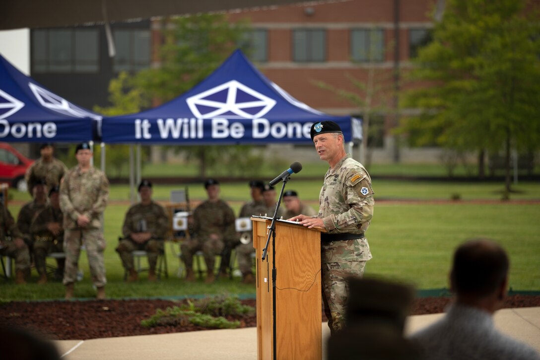 V Corps Commanding General Lt. Gen. John Kolasheski addresses the audience during a change of responsibility ceremony at V Corps Headquarters, Fort Knox, Kentucky, Aug. 4, 2023. V Corps conducted a change of responsibility ceremony for Command Sgt. Maj. Raymond Harris, who released responsibility to Command Sgt. Maj. Philip Blaisdell. (U.S. Army photo by Sgt. Gabriella Sullivan)