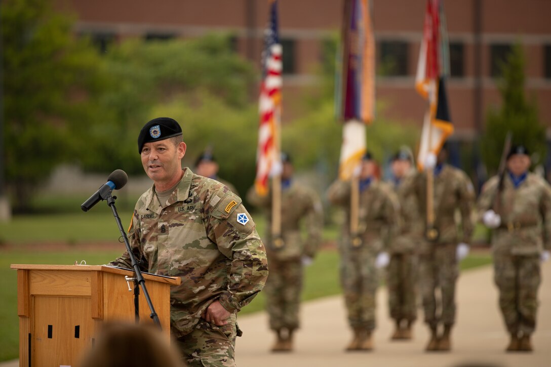 V Corps' incoming Command Sgt. Maj. Philip Blaisdell, addresses the audience during the change of responsibility ceremony at V Corps Headquarters, Fort Knox, Kentucky, Aug. 4, 2023. V Corps conducted a change of responsibility ceremony for Command Sgt. Maj. Raymond Harris who released responsibility to Blaisdell. (U.S. Army photo by Sgt. Gabriella Sullivan)