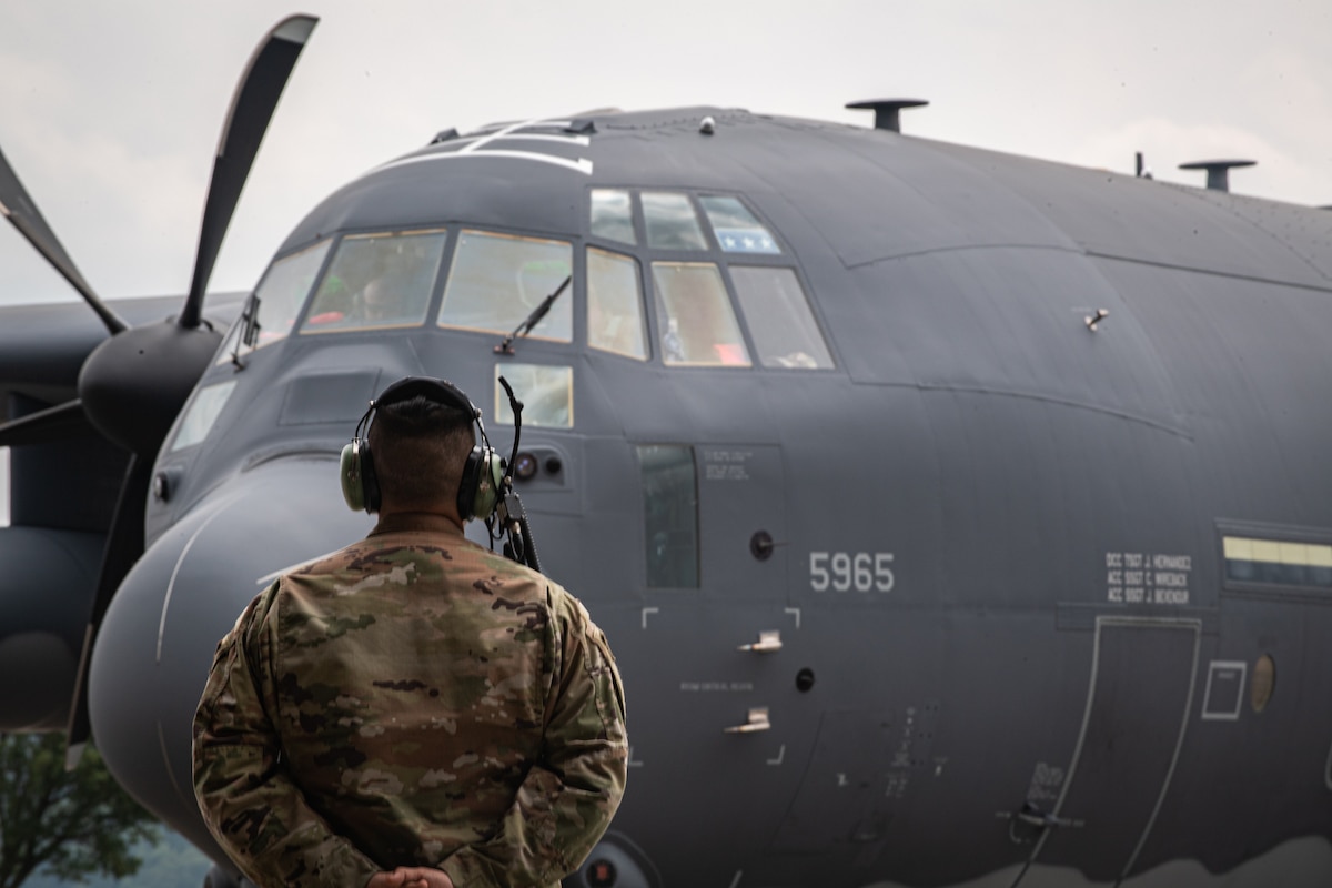 A new MC-130J Commando II aircraft rolls onto the flight line at the 193rd Special Operations Wing during an arrival ceremony in Middletown, Pennsylvania, July 27, 2023.