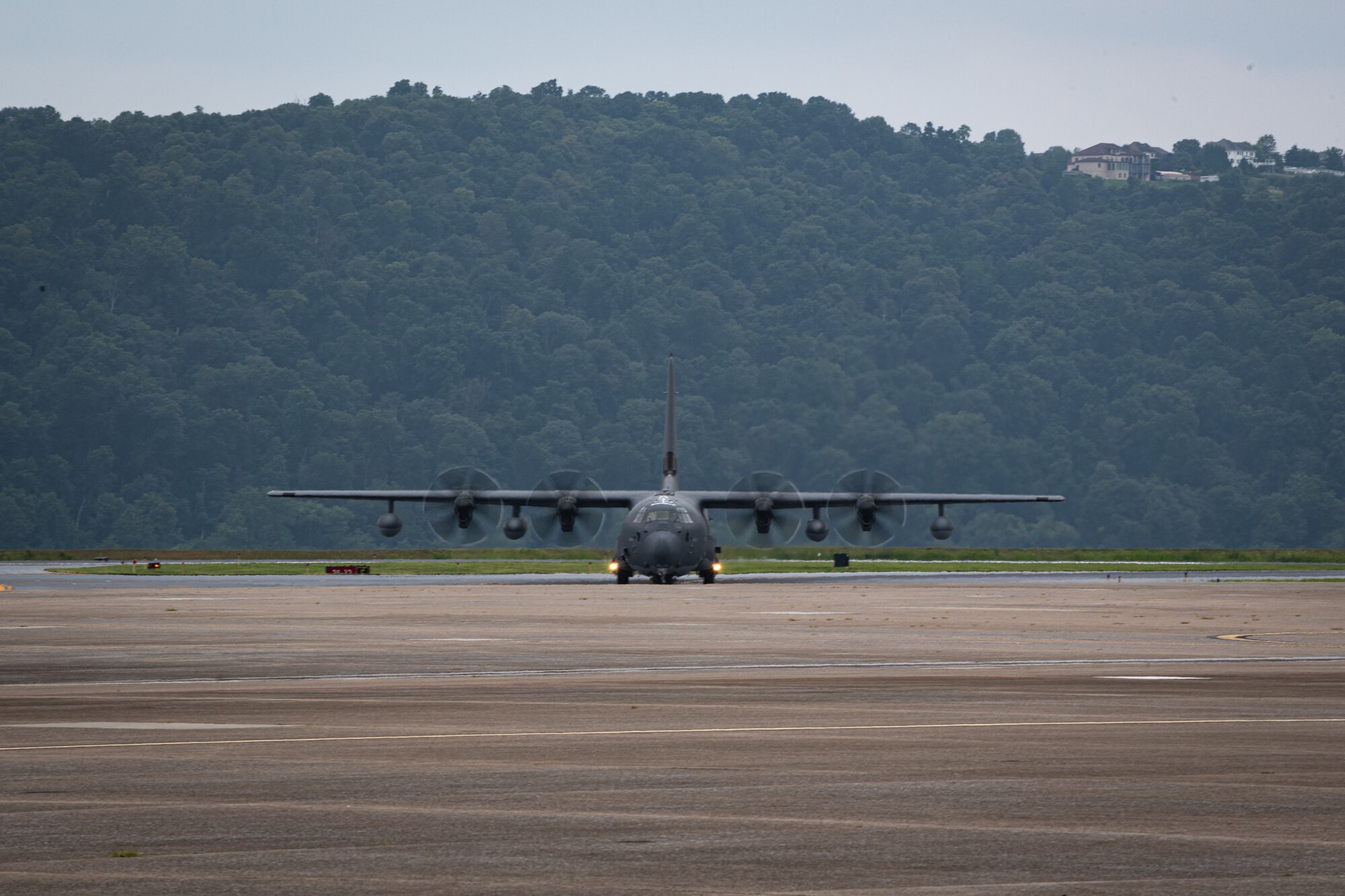 A new MC-130J Commando II aircraft rolls onto the flight line at the 193rd Special Operations Wing during an arrival ceremony in Middletown, Pennsylvania, July 27, 2023.