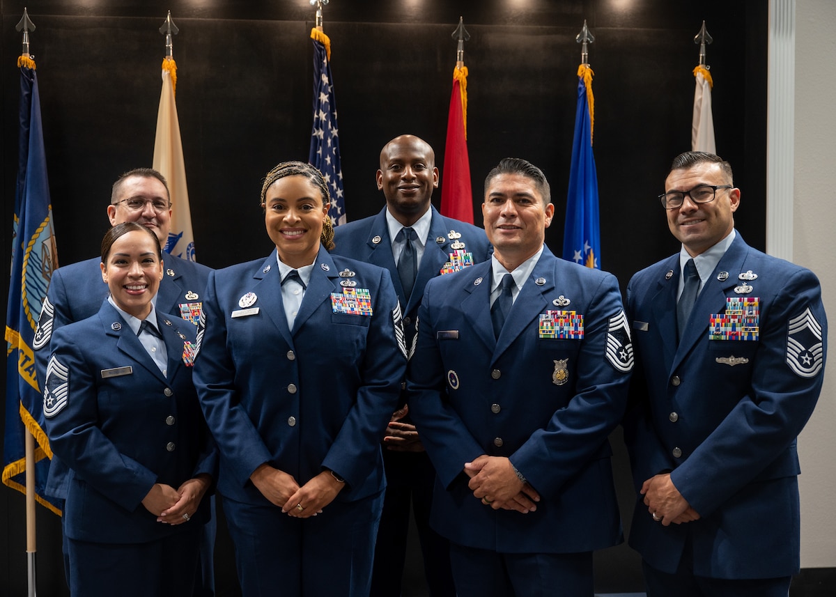 U.S Air Force chief master sergeants assigned to the 17th Training Wing network after the Assumption of Responsibility Ceremony at Goodfellow Air Force Base, Texas, July 24, 2023. A chief master sergeant is the highest rank an enlisted Airman can achieve in their Air Force career. A chief master sergeant provides advice and leadership to the other senior non-commissioned officers and first sergeants in their unit. (U.S. Air Force photo by Airman 1st Class Evelyn D'Errico)