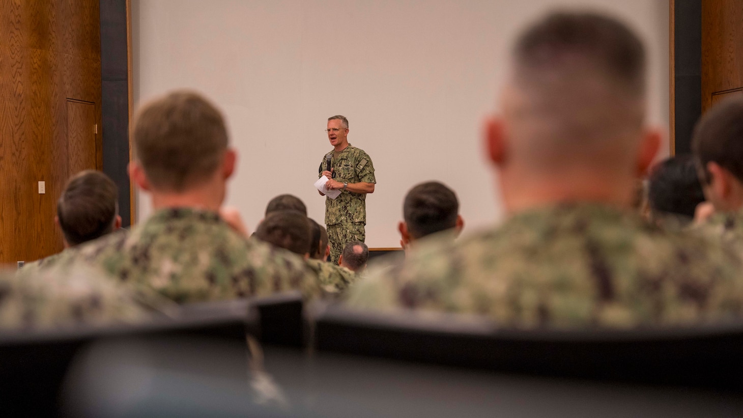 Vice Adm. Daniel Dwyer, commander, U. S. 2nd Fleet, speaks at the Theater Anti-Submarine Warfare symposium, led by 2nd Fleet, held at the Choplinsky Auditorium at Naval Support Activity Hampton Roads, Aug. 1, 2023.