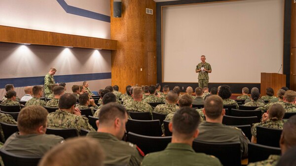 Vice Adm. Daniel Dwyer, commander, U. S. 2nd Fleet, speaks at the Theater Anti-Submarine Warfare symposium, led by 2nd Fleet, held at the Choplinsky Auditorium at Naval Support Activity Hampton Roads, Aug. 1, 2023.