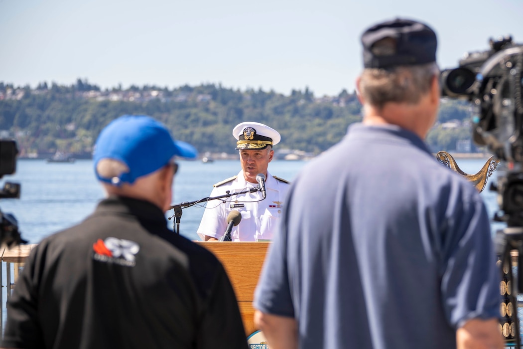 230801-N-YF131-1039 SEATTLE (Aug. 1, 2023) Rear Adm. Mark Sucato, commander, Navy Region Northwest, delivers remarks at a press conference held on Pier 62 during Seattle Fleet Week, Aug. 1, 2023. Seattle Fleet Week is a time-honored celebration of the sea services and provides an opportunity for the citizens of Washington to meet Sailors, Marines and Coast Guardsmen, as well as witness firsthand the latest capabilities of today’s U.S. and Canadian maritime services. (U.S. Navy photo by Mass Communication Specialist 2nd Class Madison Cassidy)