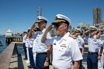 230801-N-YF131-1328 SEATTLE (Aug. 1, 2023) Rear Adm. Mark Sucato, commander, Navy Region Northwest, renders honors to the Arleigh Burke-class guided missile destroyer USS Barry (DDG 52) with Sailors during Seattle Fleet Week, Aug. 1, 2023. Seattle Fleet Week is a time-honored celebration of the sea services and provides an opportunity for the citizens of Washington to meet Sailors, Marines and Coast Guardsmen, as well as witness firsthand the latest capabilities of today’s U.S. and Canadian maritime services. (U.S. Navy photo by Mass Communication Specialist 2nd Class Madison Cassidy)