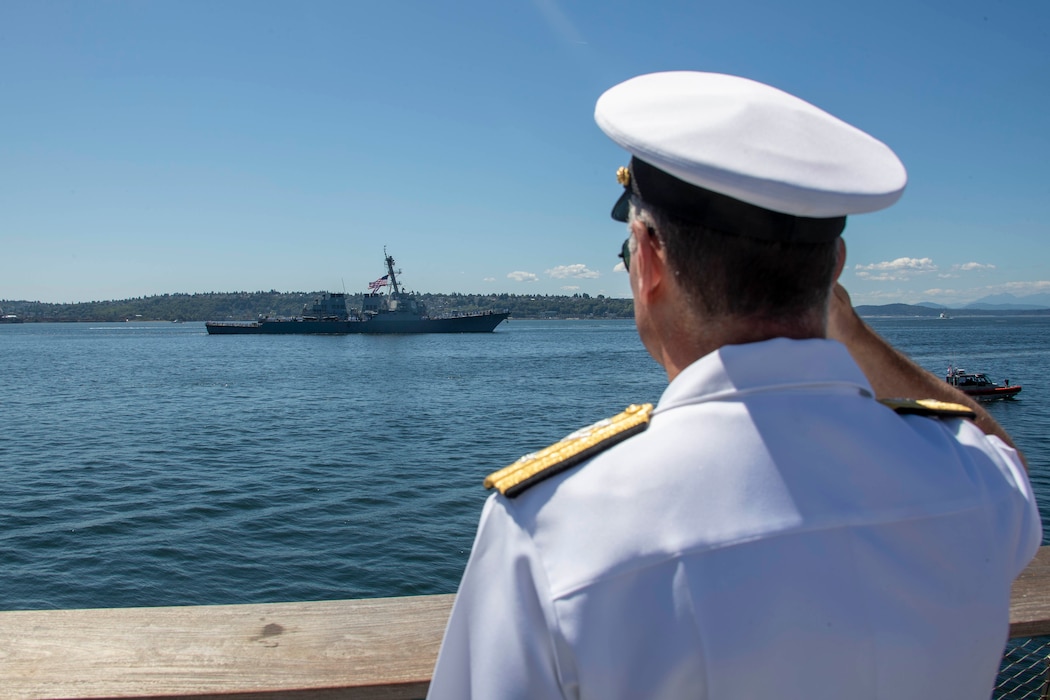 230801-N-YF131-1334 SEATTLE (Aug. 1, 2023) Rear Adm. Mark Sucato, commander, Navy Region Northwest, renders honors to the Arleigh Burke-class guided missile destroyer USS Barry (DDG 52) during Seattle Fleet Week, Aug. 1, 2023. Seattle Fleet Week is a time-honored celebration of the sea services and provides an opportunity for the citizens of Washington to meet Sailors, Marines and Coast Guardsmen, as well as witness firsthand the latest capabilities of today’s U.S. and Canadian maritime services. (U.S. Navy photo by Mass Communication Specialist 2nd Class Madison Cassidy)