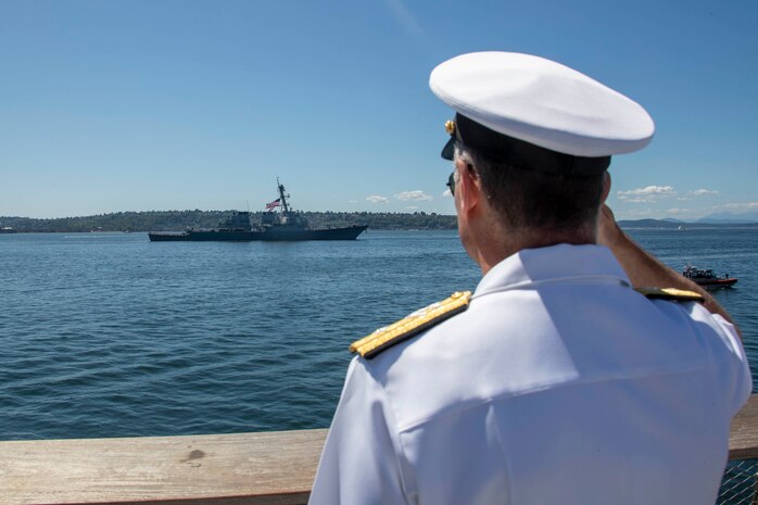 230801-N-YF131-1334 SEATTLE (Aug. 1, 2023) Rear Adm. Mark Sucato, commander, Navy Region Northwest, renders honors to the Arleigh Burke-class guided missile destroyer USS Barry (DDG 52) during Seattle Fleet Week, Aug. 1, 2023. Seattle Fleet Week is a time-honored celebration of the sea services and provides an opportunity for the citizens of Washington to meet Sailors, Marines and Coast Guardsmen, as well as witness firsthand the latest capabilities of today’s U.S. and Canadian maritime services. (U.S. Navy photo by Mass Communication Specialist 2nd Class Madison Cassidy)