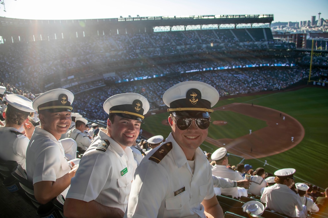 SEATTLE (Aug. 1, 2023) Midshipmen pose for a photo at a Seattle Mariners versus Boston Red Sox Major League Baseball game at T-Mobile Park during Seattle Fleet Week, Aug. 1, 2023. Seattle Fleet Week is a time-honored celebration of the sea services and provides an opportunity for the citizens of Washington to meet Sailors, Marines and Coast Guardsmen, as well as witness firsthand the latest capabilities of today’s U.S. and Canadian maritime services. (U.S. Navy photo by Mass Communication Specialist 2nd Class Madison Cassidy)