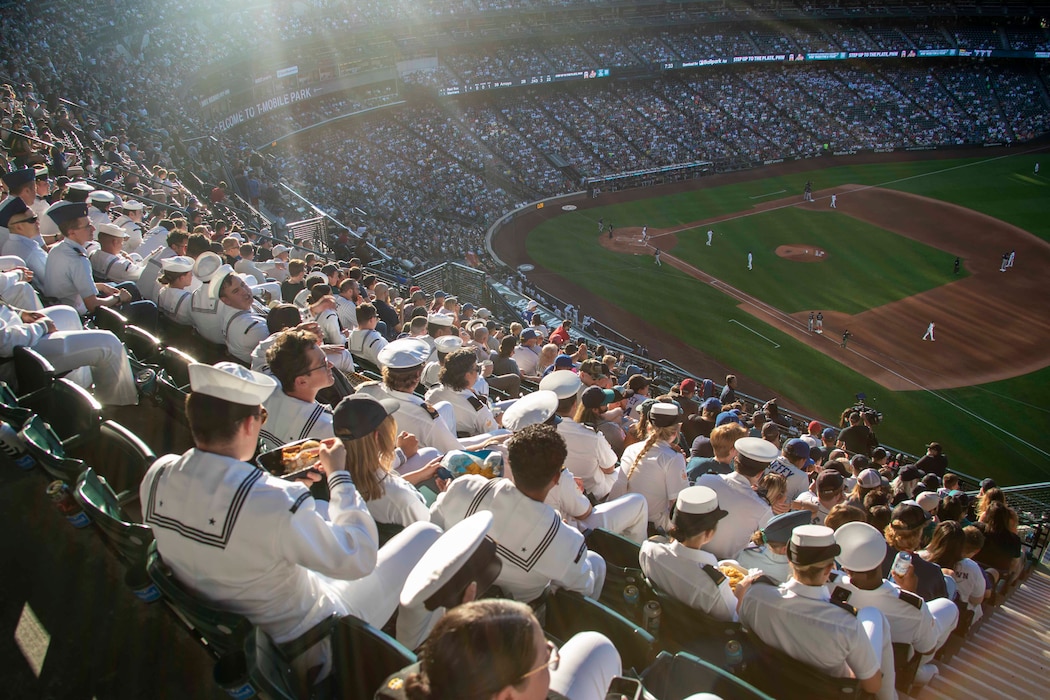 SEATTLE (Aug. 1, 2023) Sailors attend a Seattle Mariners versus Boston Red Sox Major League Baseball game at T-Mobile Park during Seattle Fleet Week, Aug. 1, 2023. Seattle Fleet Week is a time-honored celebration of the sea services and provides an opportunity for the citizens of Washington to meet Sailors, Marines and Coast Guardsmen, as well as witness firsthand the latest capabilities of today’s U.S. and Canadian maritime services. (U.S. Navy photo by Mass Communication Specialist 2nd Class Madison Cassidy)