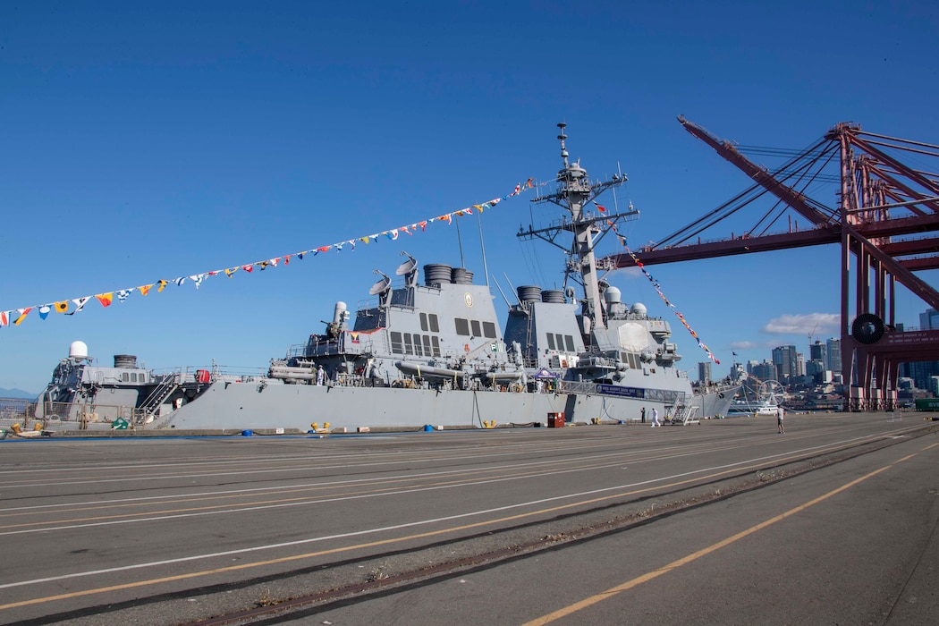 SEATTLE (Aug. 3, 2023) The Arleigh Burke-class guided missile destroyer USS Barry (DDG 52) prepares for open ship tours during Seattle Fleet Week, Aug. 3, 2023. Seattle Fleet Week is a time-honored celebration of the sea services and provides an opportunity for the citizens of Washington to meet Sailors, Marines and Coast Guardsmen, as well as witness firsthand the latest capabilities of today’s U.S. and Canadian maritime services. (U.S. Navy photo by Mass Communication Specialist 2nd Class Madison Cassidy)