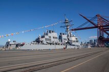 SEATTLE (Aug. 3, 2023) The Arleigh Burke-class guided missile destroyer USS Barry (DDG 52) prepares for open ship tours during Seattle Fleet Week, Aug. 3, 2023. Seattle Fleet Week is a time-honored celebration of the sea services and provides an opportunity for the citizens of Washington to meet Sailors, Marines and Coast Guardsmen, as well as witness firsthand the latest capabilities of today’s U.S. and Canadian maritime services. (U.S. Navy photo by Mass Communication Specialist 2nd Class Madison Cassidy)