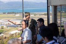 U.S. Marine Corps Col. Jeremey Beaven, commanding officer of Marine Corps Base Hawaii, and staff, escort Gov. Denny Tamaki of Okinawa Prefecture during a base tour, MCBH, July 28, 2023. Tamaki visited MCBH to discuss Force Design 2030 and the relocation of Marines out of Okinawa. (U.S. Marine Corps photo by Lance Cpl. Clayton Baker)