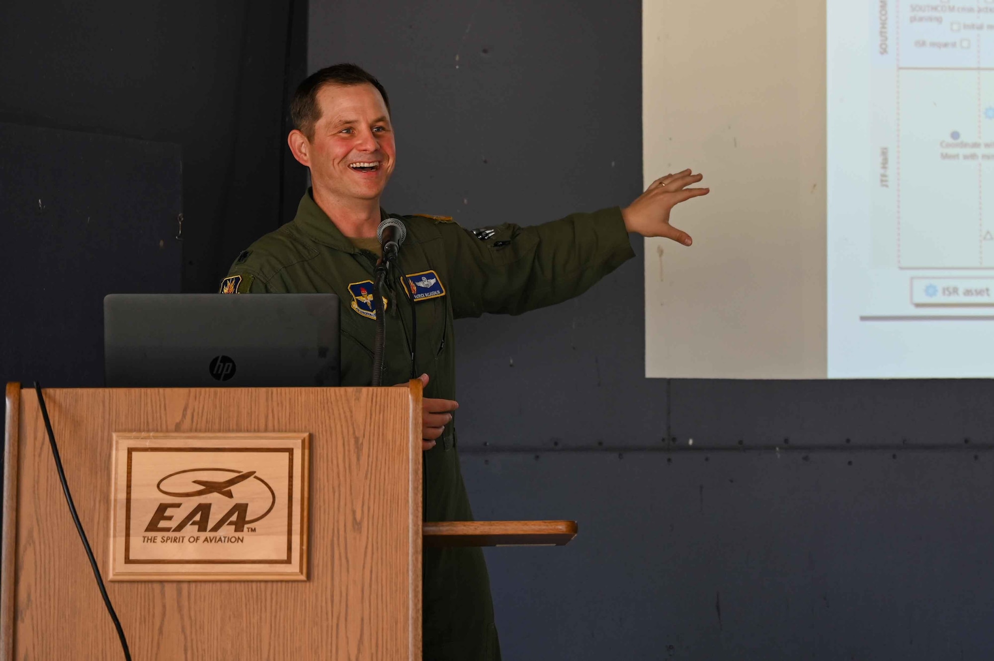 U.S. Air Force Lt. Col. Patrick Mclaughlin, 97th Air Mobility Wing director of staff, smiles during his speech at the 2023 Experimental Aviation Association AirVenture Air Show in Oshkosh, Wisconsin, July 28, 2023. McLaughlin spoke on his journey in the Air Force, how piloting the C-17 Globemaster III has changed his life and career and his role in Haiti disaster relief, Operation Tomodachi and Operation Allies Refuge. (U.S. Air Force photo by Airman 1st Class Kari Degraffenreed)