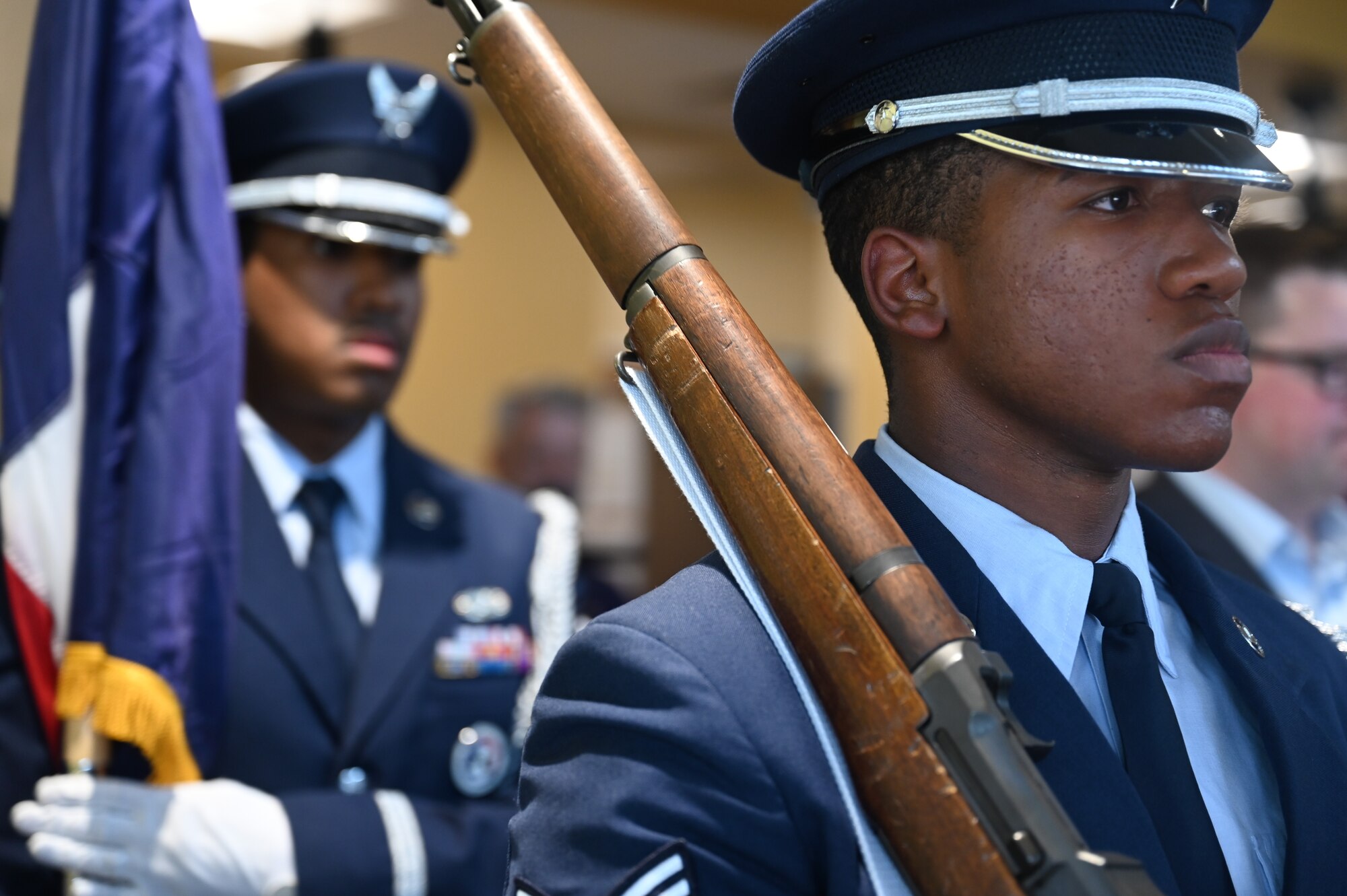 U.S. Air Force Dyess Honor Guard members present colors during the Veteran Affairs Clinic renaming ceremony, San Angelo, Texas, July 31, 2023. The renaming ceremony honored the service of Charles and JoAnne Powell for both Goodfellow Air Force Base and the community of San Angelo. (U.S. Air Force photo by Airman 1st Class Madison Collier)